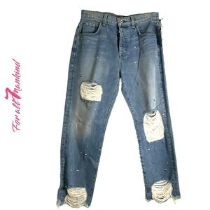For All Mankind Blue Denim Jean Studs Crop High Waist Boyfriend Frayed Hem SZ 28